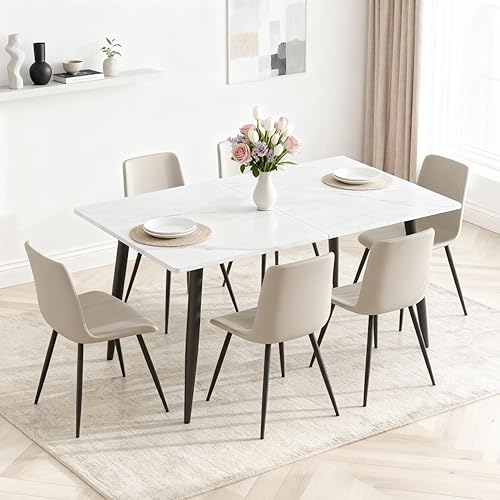 Miniatura 2 de FURNITO Juego de mesa de comedor de 7 piezas, juego de mesa de comedor extensible de 59 a 75 pulgadas con 6 sillas tapizadas, juego de sillas de