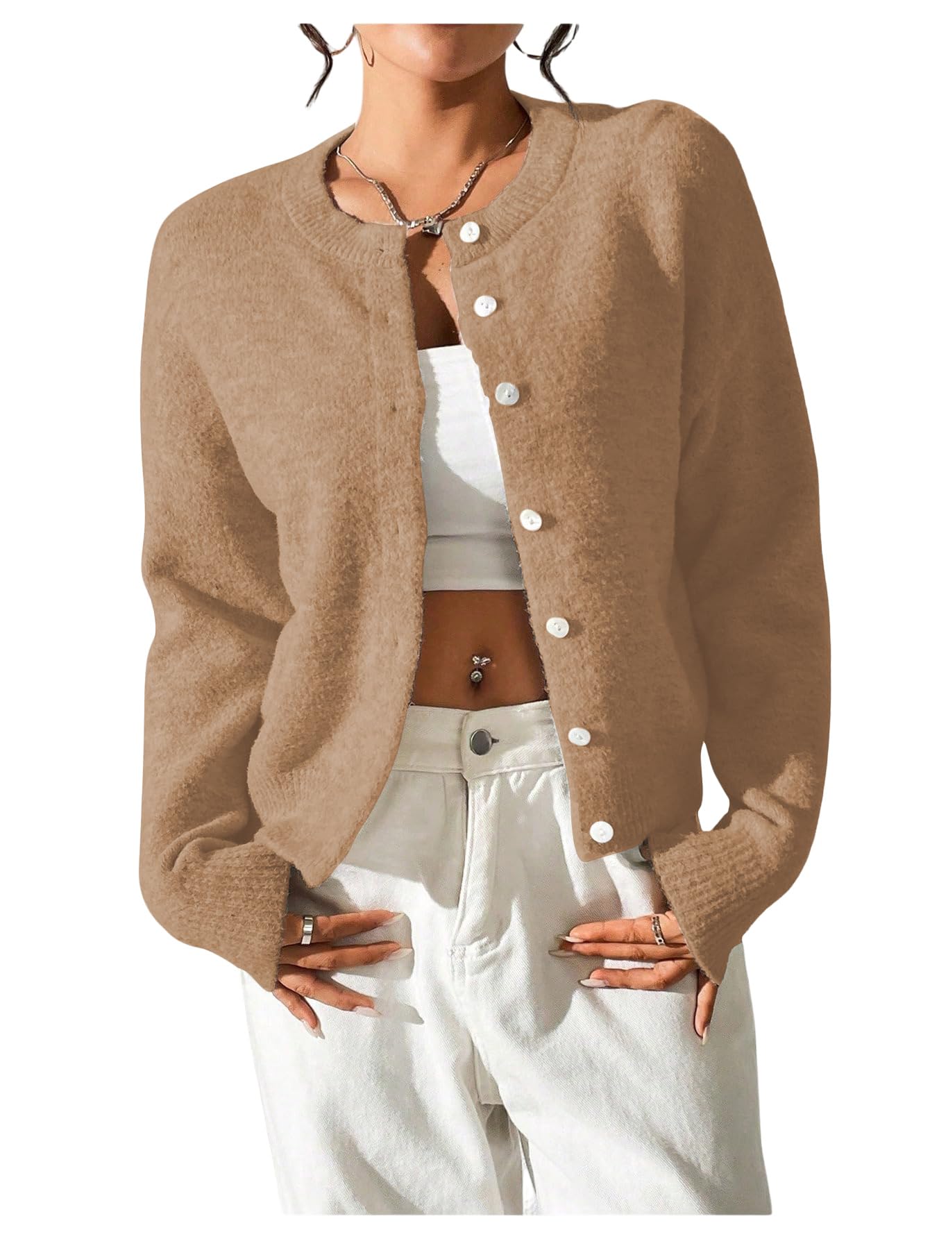SweatyRocks Womens Fall Button Down Lightweight Cardigan Ribbed Knit Long Sleeve Crew Neck Sweater