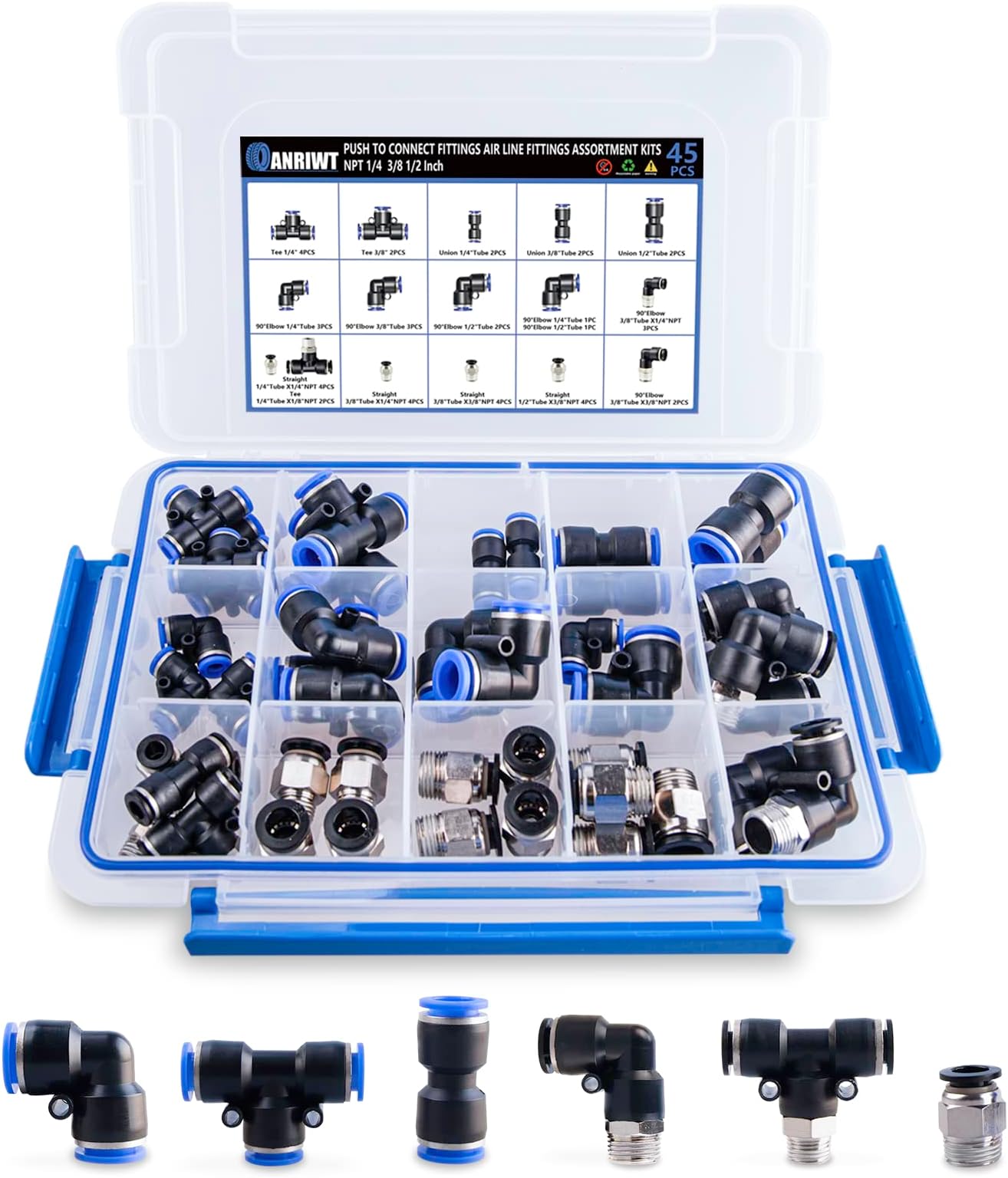 45PCS Air Line Fitting Kit, NPT Thread Push To Connect Fittings, Nylon Tubing 1/4, 3/8, 1/8, 1/2" Quick Connect, Air Line Fittings assortment kit for Automotive Car or Industrial Workshops