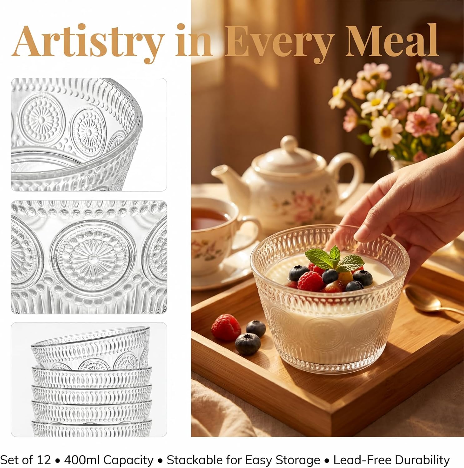 12 Pack Small Glass Bowls Set, 12 Oz Embossed Prep Dessert Dishes