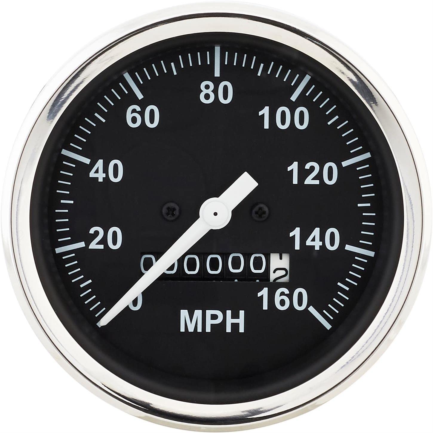 Mechanical Speedometer Gauge, Black Face, 3-3/8", 0-160 MPH Full Sweep, White Lettering, Standard Transmission Drive Cable, Incandescent Backlight, Stainless Bezel, Installation Kit Included