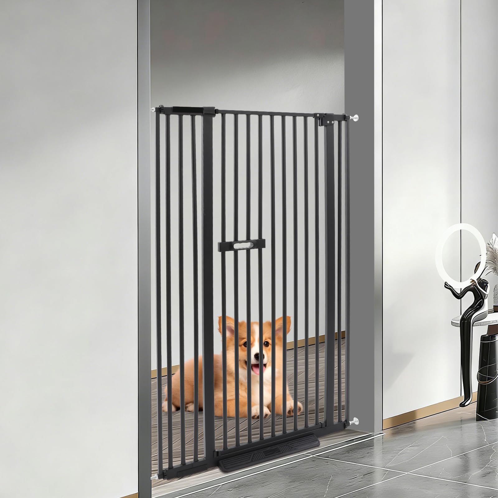 Barrera para Mascotas Puerta, Altura 150cm (Negro) | Acero al Carbono Barrera para Perros y Gatos, Ancho Ajustable de 86 a 95cm, Puerta Giratoria de 180°