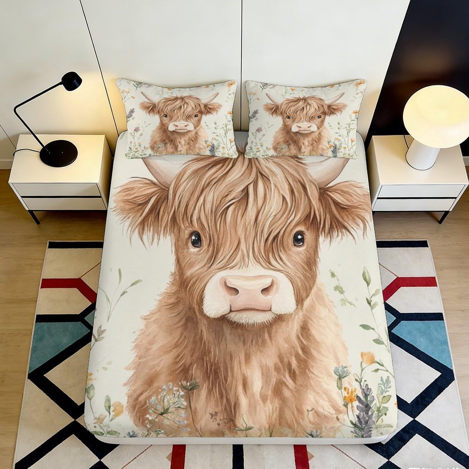 3D Printed Highland Cow Fitted Sheet Microfiber Soft Bed Cover with Floral Design Mattress Cover for Bedroom Dormitory Guest Room Protection 140x200x25cm