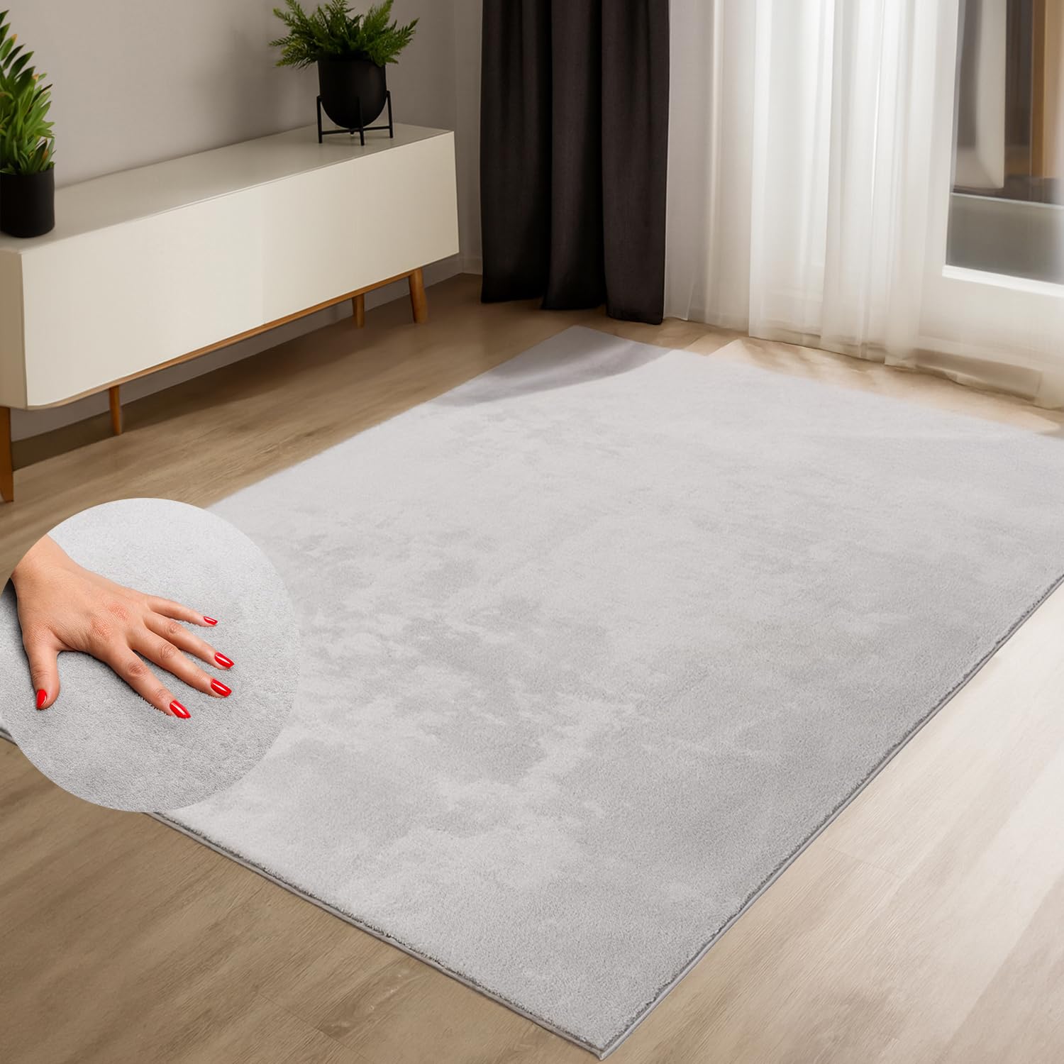 Tapis à poils courts - Gris - 160 x 220 cm - Lavable - Doux - Antidérapant - Pour salon, chambre à coucher - Aspect fourrure - Facile d'entretien - Tissu plat moderne et élégant - Couleur unie