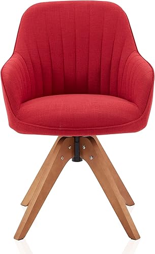 Miniatura 8 de BELLEZE Silla giratoria de mediados de siglo, moderna silla de tocador de maquillaje, sillón tapizado de lino con patas de madera de roble oscuro