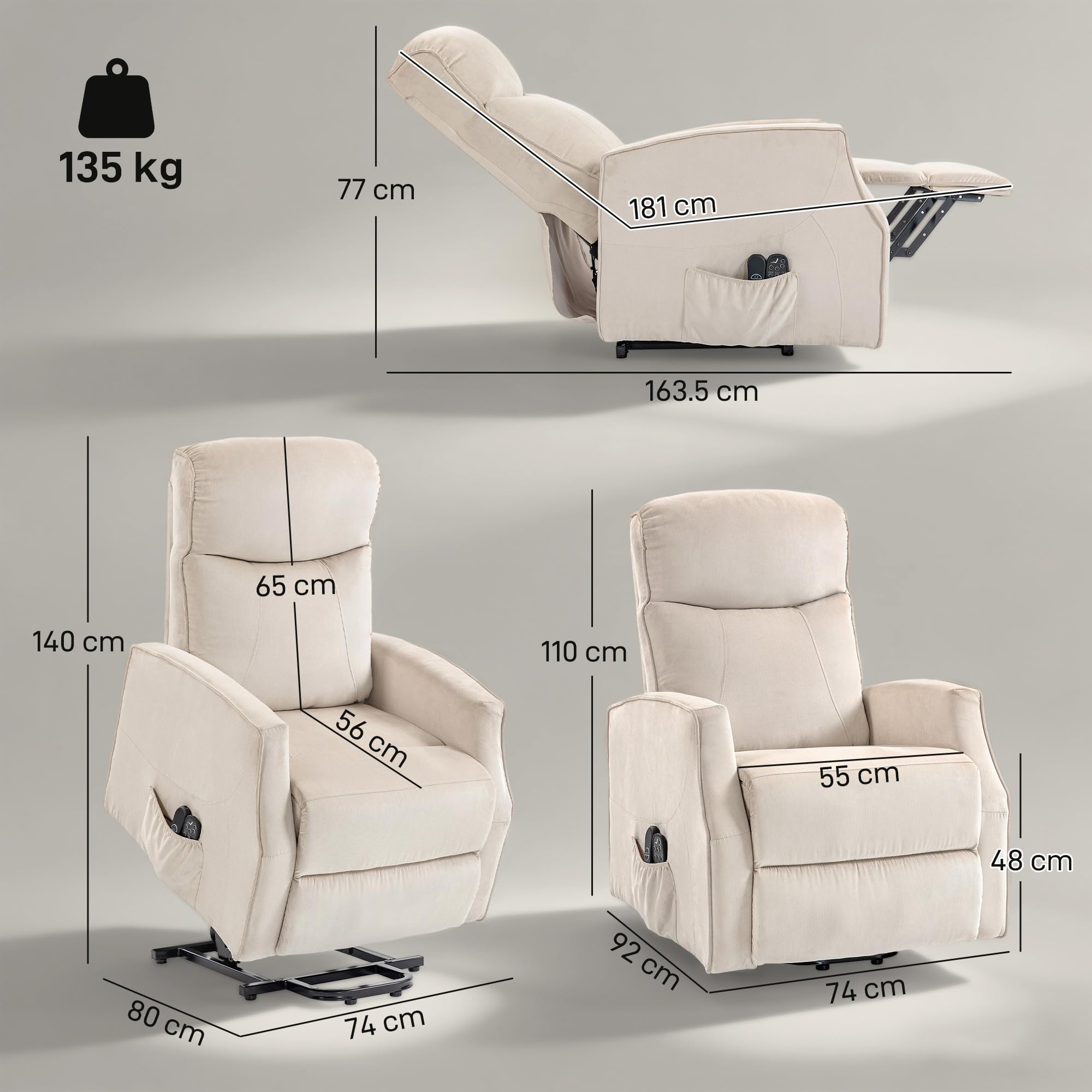 HOMCOM Poltrona Elettrica Alzapersona Reclinabile 150°, Poltrona Relax Massaggiante e Riscaldante, in Tessuto Effetto Lino per Anziani con Porta USB, Telecomandi, Poggiapiedi, Tasche Laterali, Beige