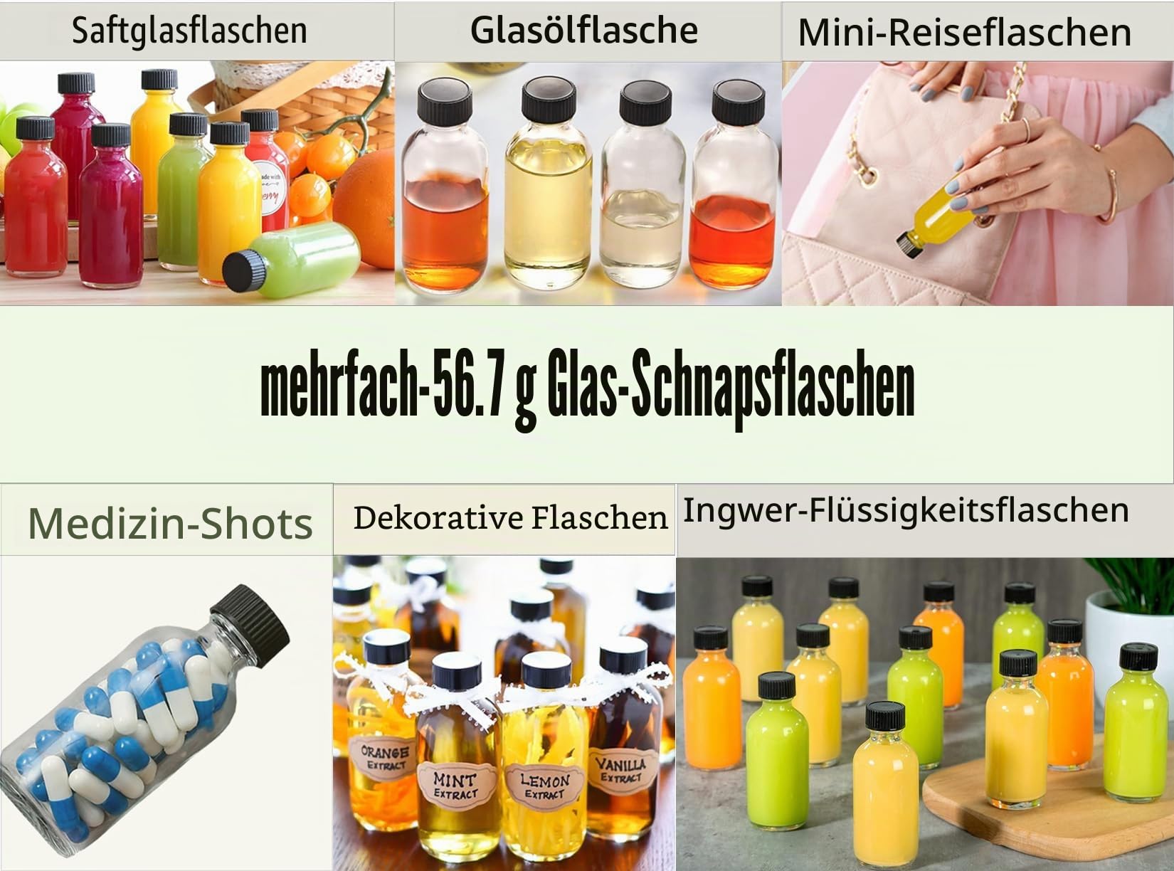 DIDITIME Kleine transparente Glasflaschen mit Deckel und 4 Trichtern – 60 ml Boston runde Probenflaschen für Trank, Saft, Ingwer, Shots, Öle, Whiskey, Wellness-Shots, Mini-Reiseflaschen, 24 Stück