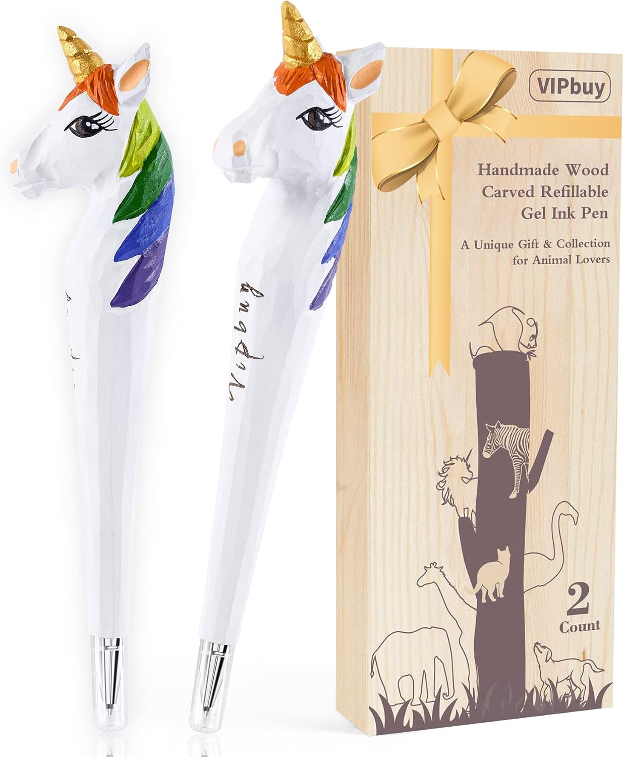 VIPbuy Handmade Wood Carved Dog Refillable Gel Ink Pen (Unicorn), 1 count (Pack of 2)