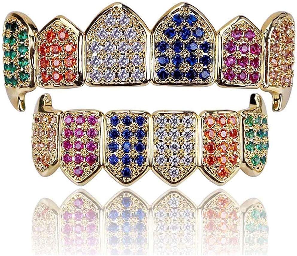 canjoyn Diamond Grills 18K Gold Plated Fully Iced Out CZ Vampire Top and Bottom Face Mouth Grillz for Your Teeth Men Women with Extra Molding Bars