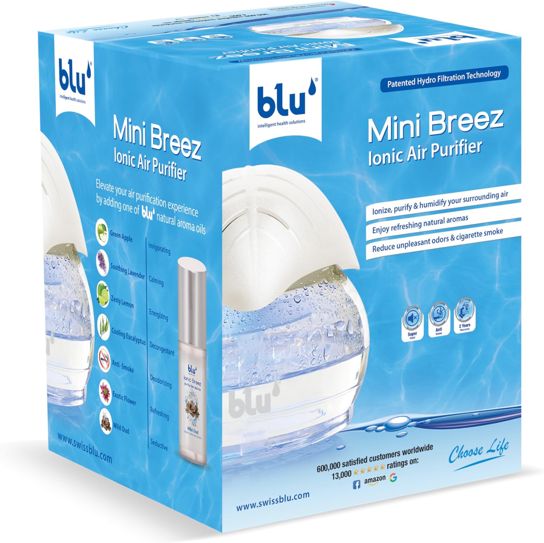 blu Mini Breez Ionic Air Purifier- Removes Airborne Viruses, Allergens & Odors/Therapeutic Aromatherapy - Suitable for 30m2 areas