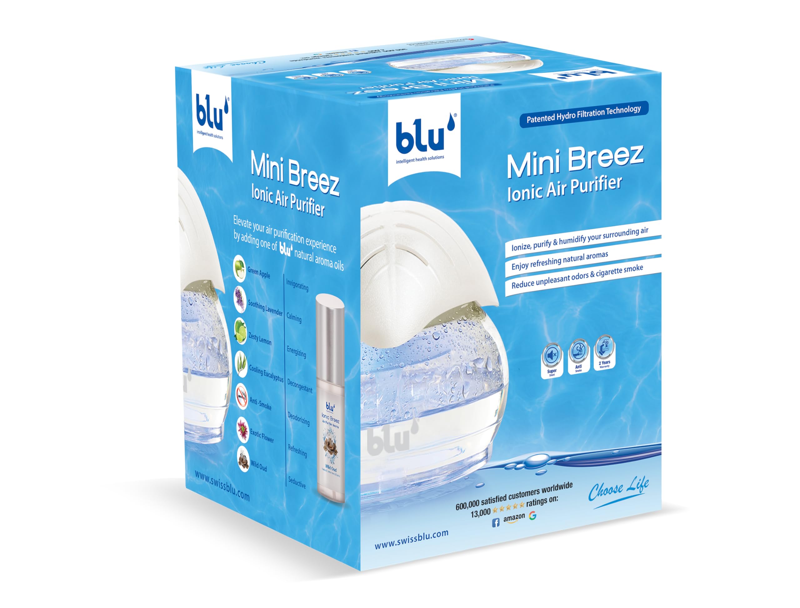 blu Mini Breez Ionic Air Purifier- Removes Airborne Viruses, Allergens & Odors/Therapeutic Aromatherapy - Suitable for 30m2 areas