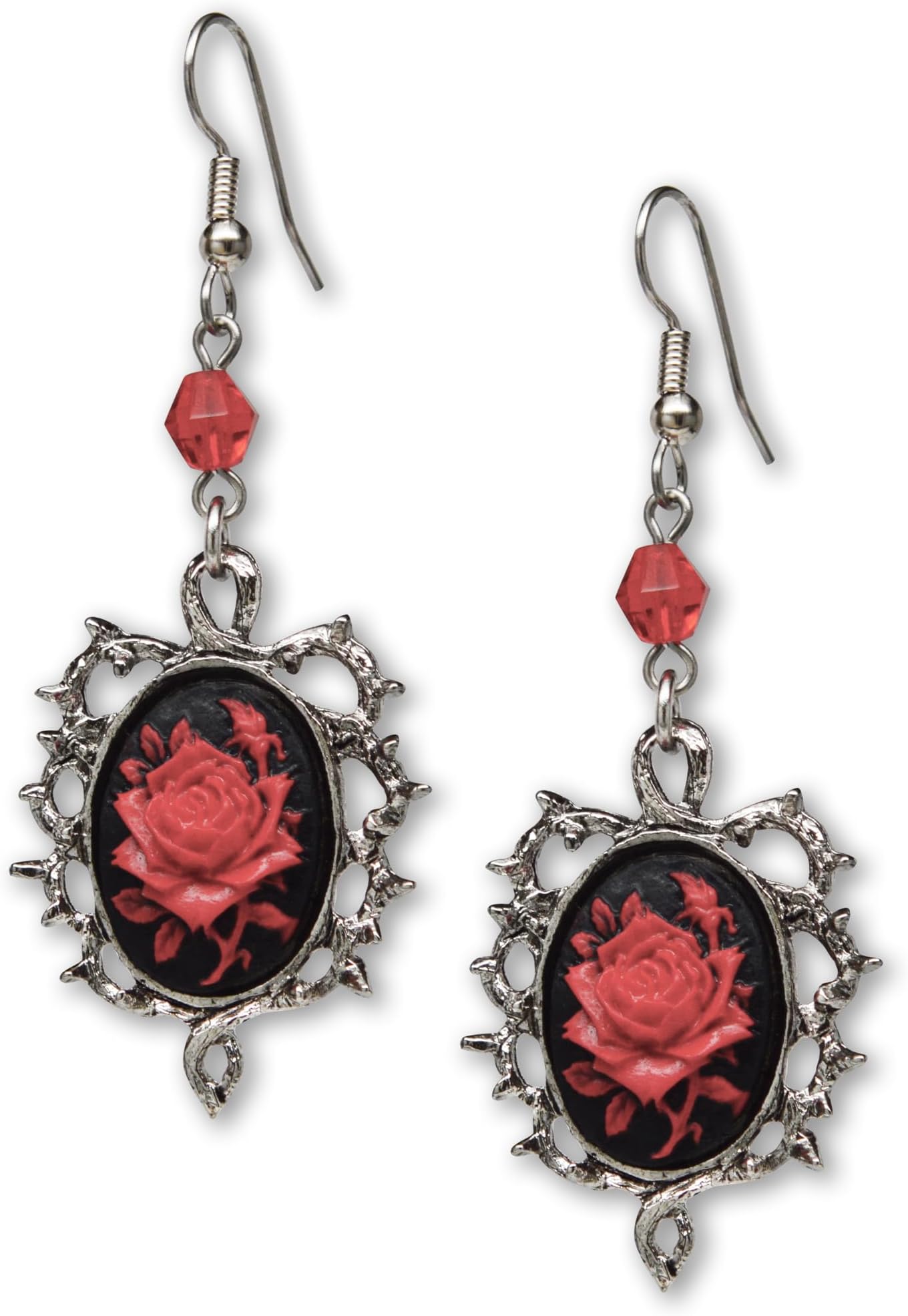 Gothic Red Rose Cameo Earrings Surrounded by Thorns with Red Bead