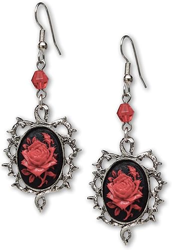 Pendientes góticos de rosa roja rodeados de espinas con cuentas rojas, Metal