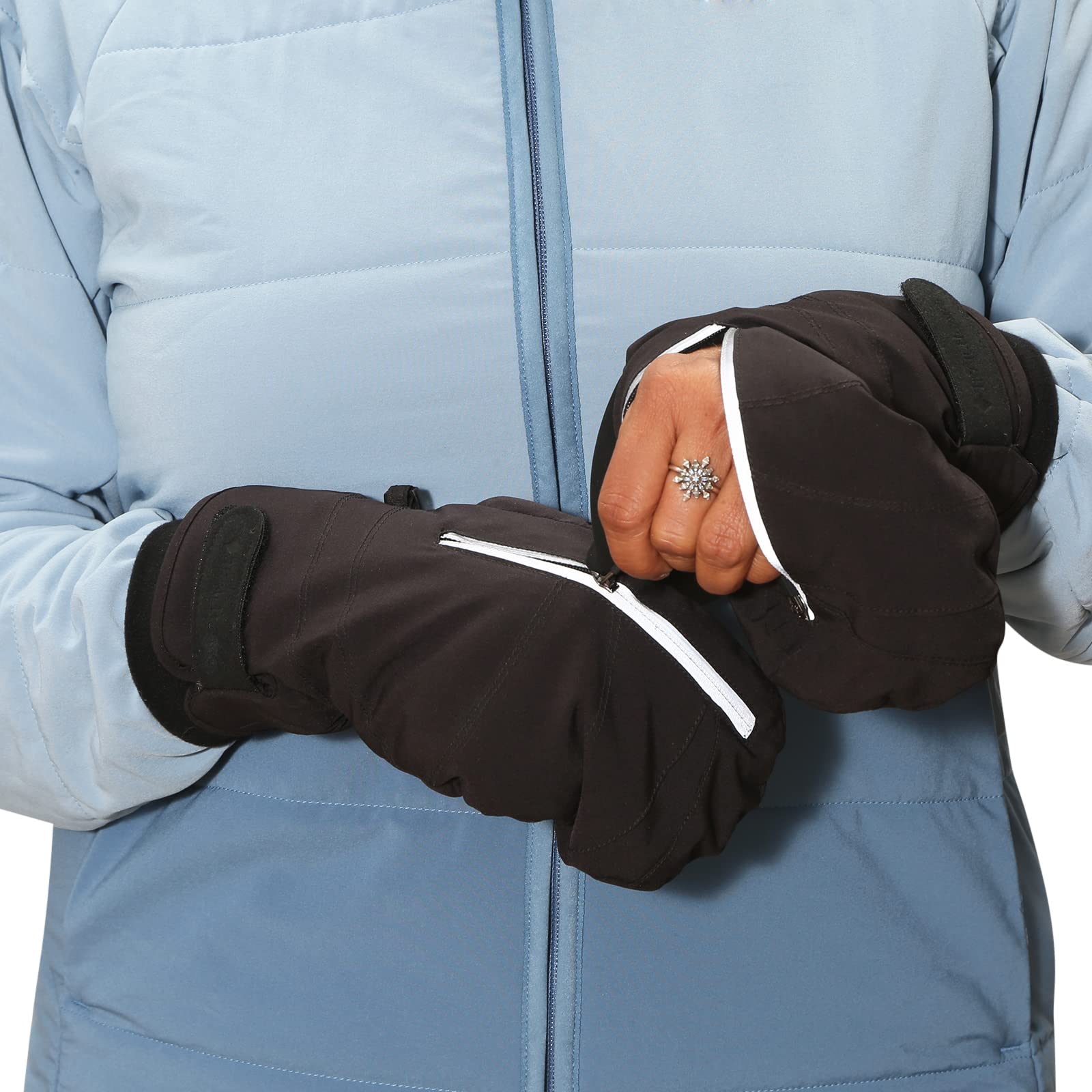 TrailHeads Konvertible Fäustlinge Damen Mit Reißverschluss für den Winter | Laufhandschuhe | Thermohandschuhe | Outdoor Handschuhe - Schwarz