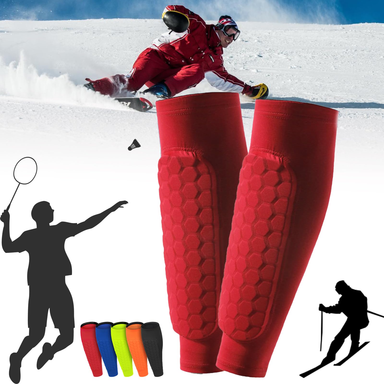 Qosigote 1 Pair Skiguard Socks, Skiguardsocks, Shindefender Shin Guards,Soccer Shin Guards with Honeycomb Pads, Soccer Shin Guard Sleeves, Shin Guards Soccer Adult for Sports (1pair red,M)