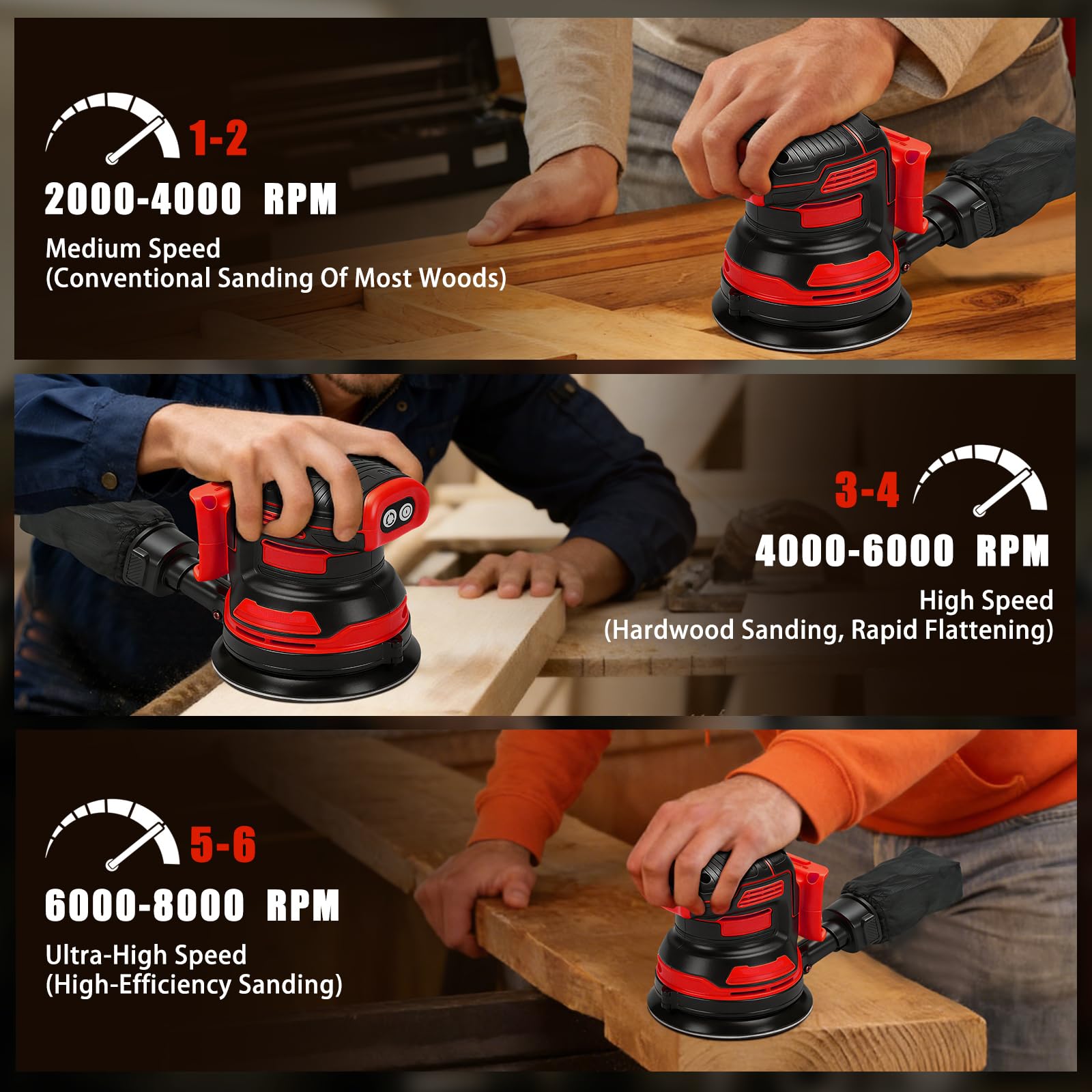 Lijadora orbital inalámbrica compatible con batería Milwaukee M de 18 V (sin batería), 125 mm sin escobillas, lijadora manual eléctrica de 4000 – 8000 rpm, 3 velocidades, 21 hojas de papel de lija y