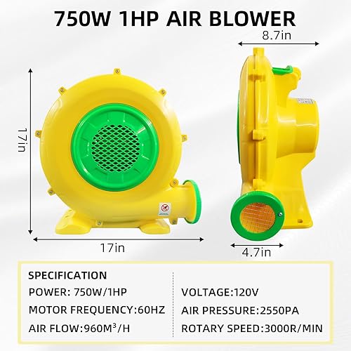 Miniatura 8 de Ventilador de aire de alta potencia de 1100 vatios1.5 HP para inflables grandes, soplador inflable de casa de rebote de GONFLABLE soplador de bomba