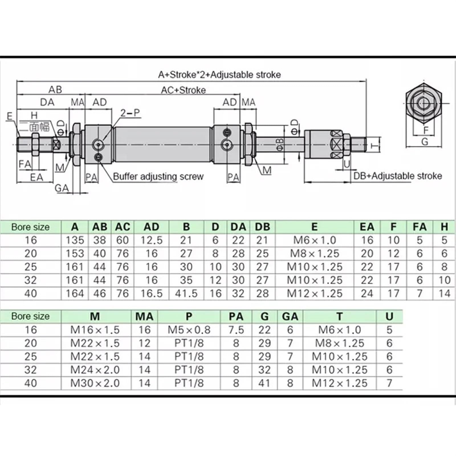 Vérin pneumatique à Double Effet MAJ16/20/25/32/40 mm, en Alliage d'aluminium, Course réglable, Mini-vérin pneumatique Fin(Stroke 50-25,MAJ32 (Bore 32mm))