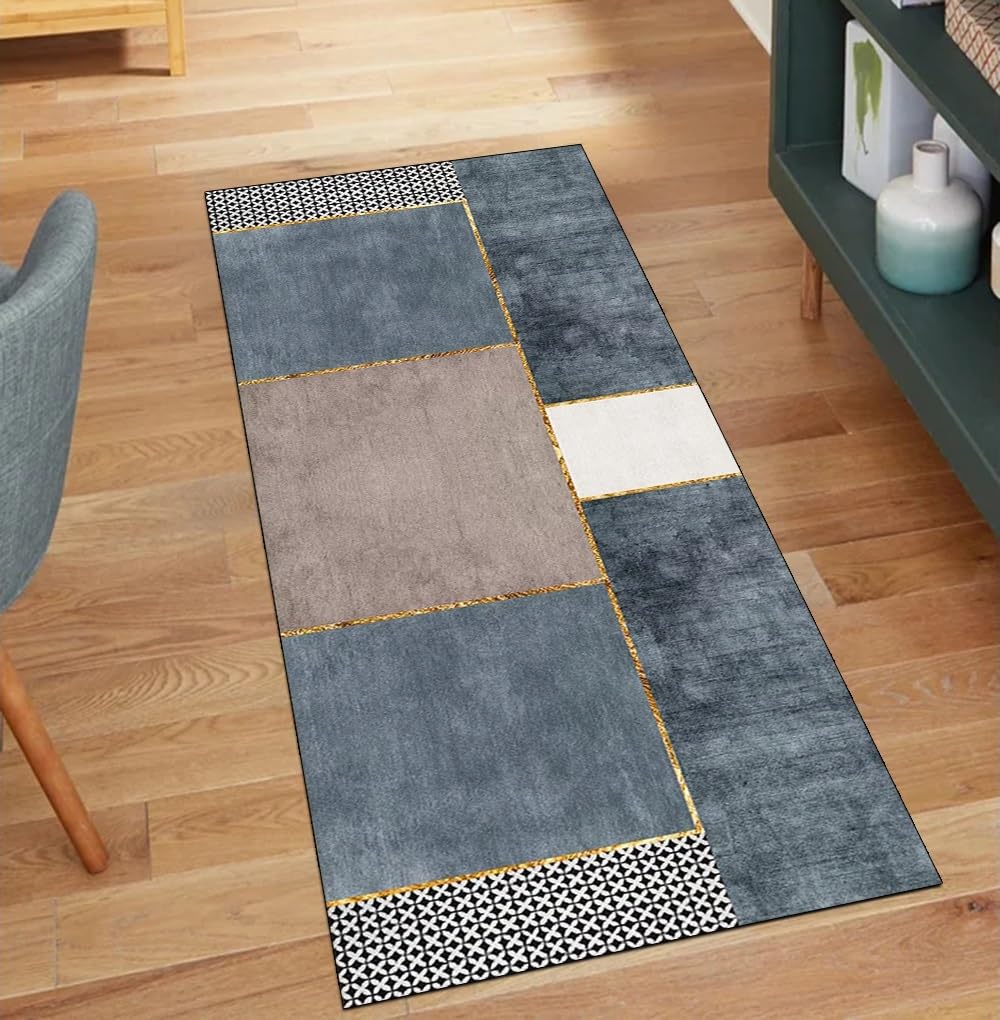 Alfombra para pasillo moderna azul y gris lavable de 100x250 cm