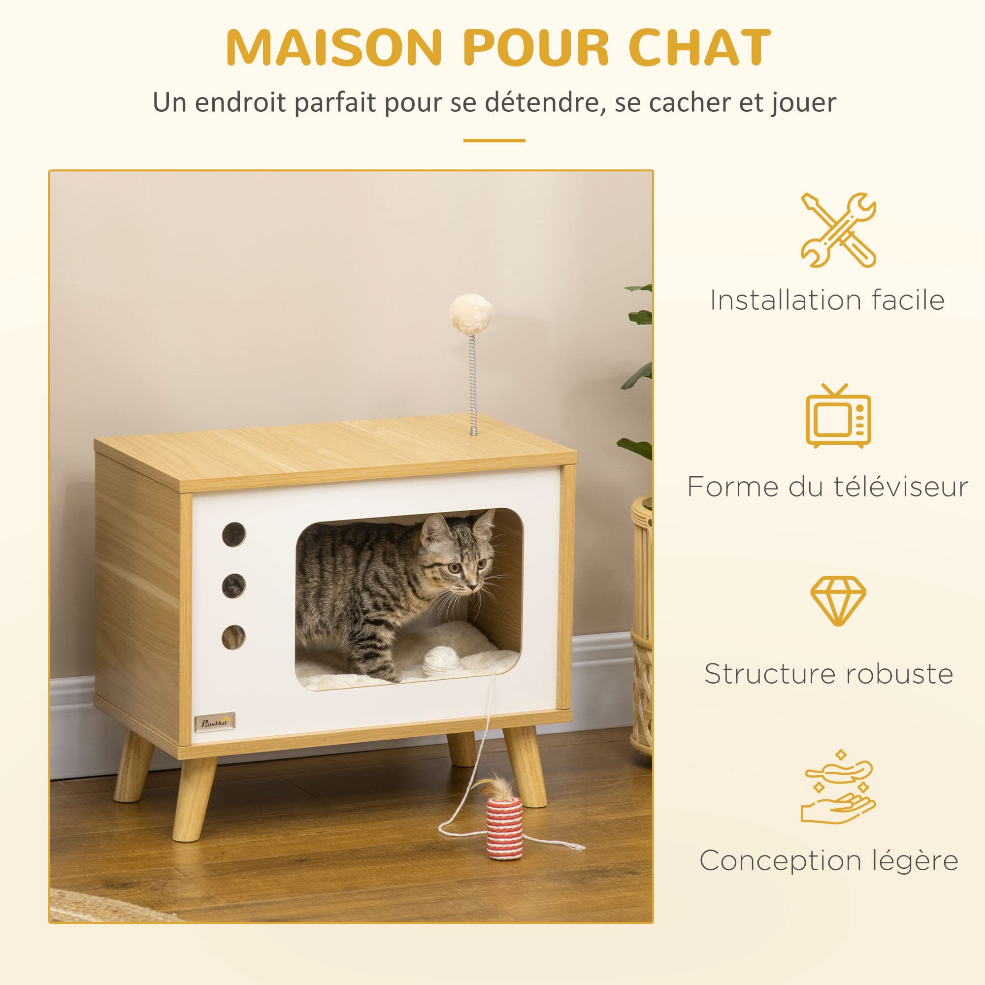 PawHut Maison Niche pour Chat Forme de TV avec Coussin Douillet et Balle rebondissante - 50 x 28 x 43 cm