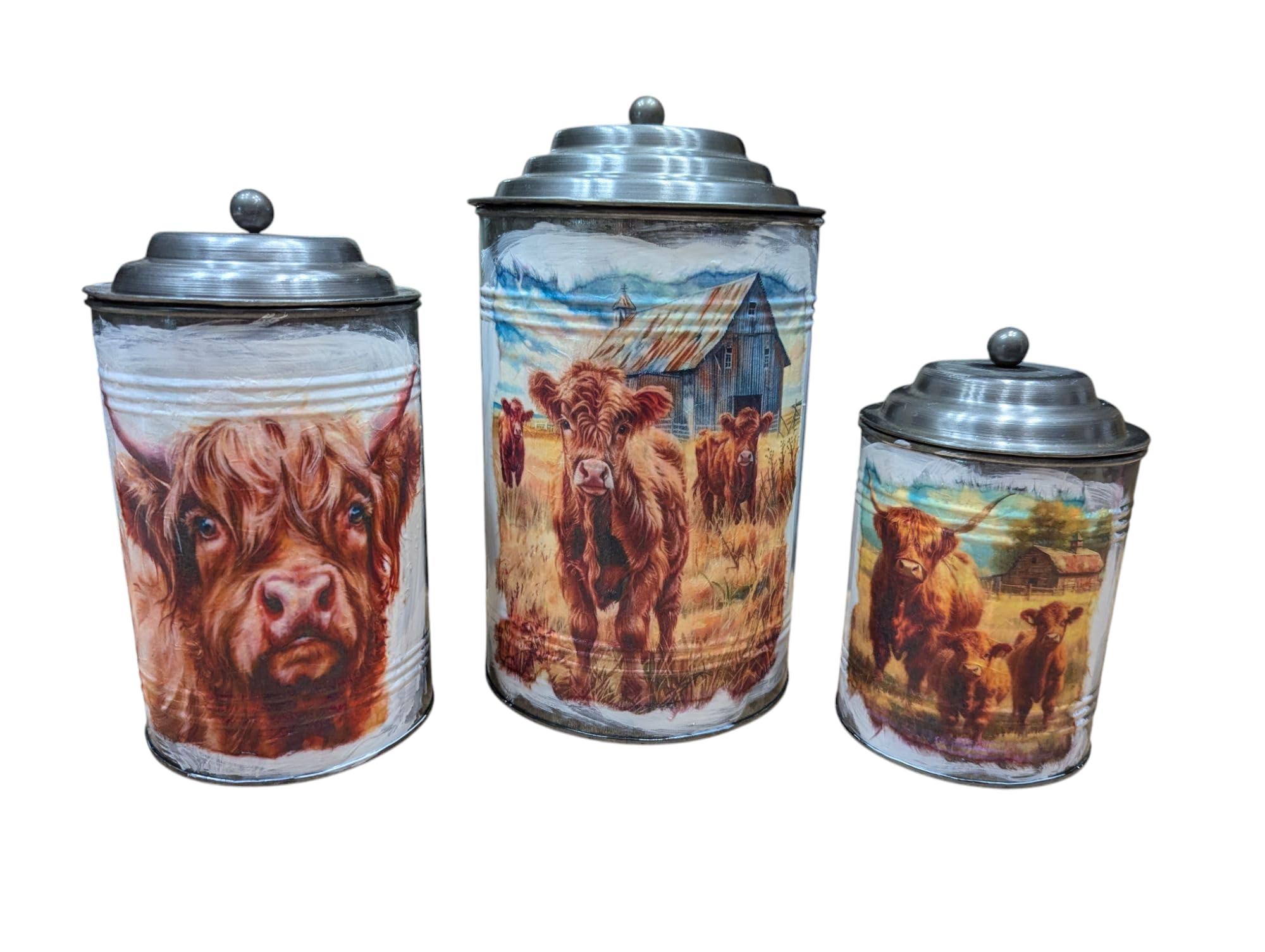 Highland Cow Decorative Kitchen Canister Set, 3-Piece, Metal with Farmhouse Design