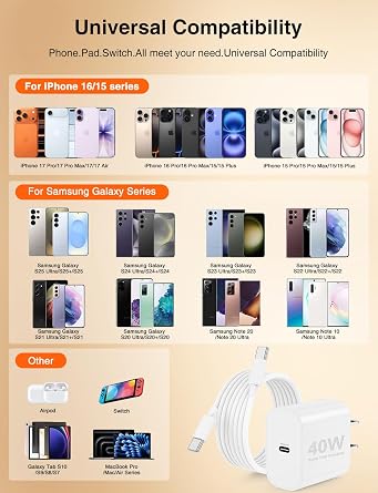 40W iPhone17/16 Pro Max Charger Fast Charging, 2Pack USB C Fast Charger Block for iPhone 17/16 Pro Max/15 Series/iPad Pro and More, PD 3.0 Wall Charger with 6FT+10FT USB C to C Cable