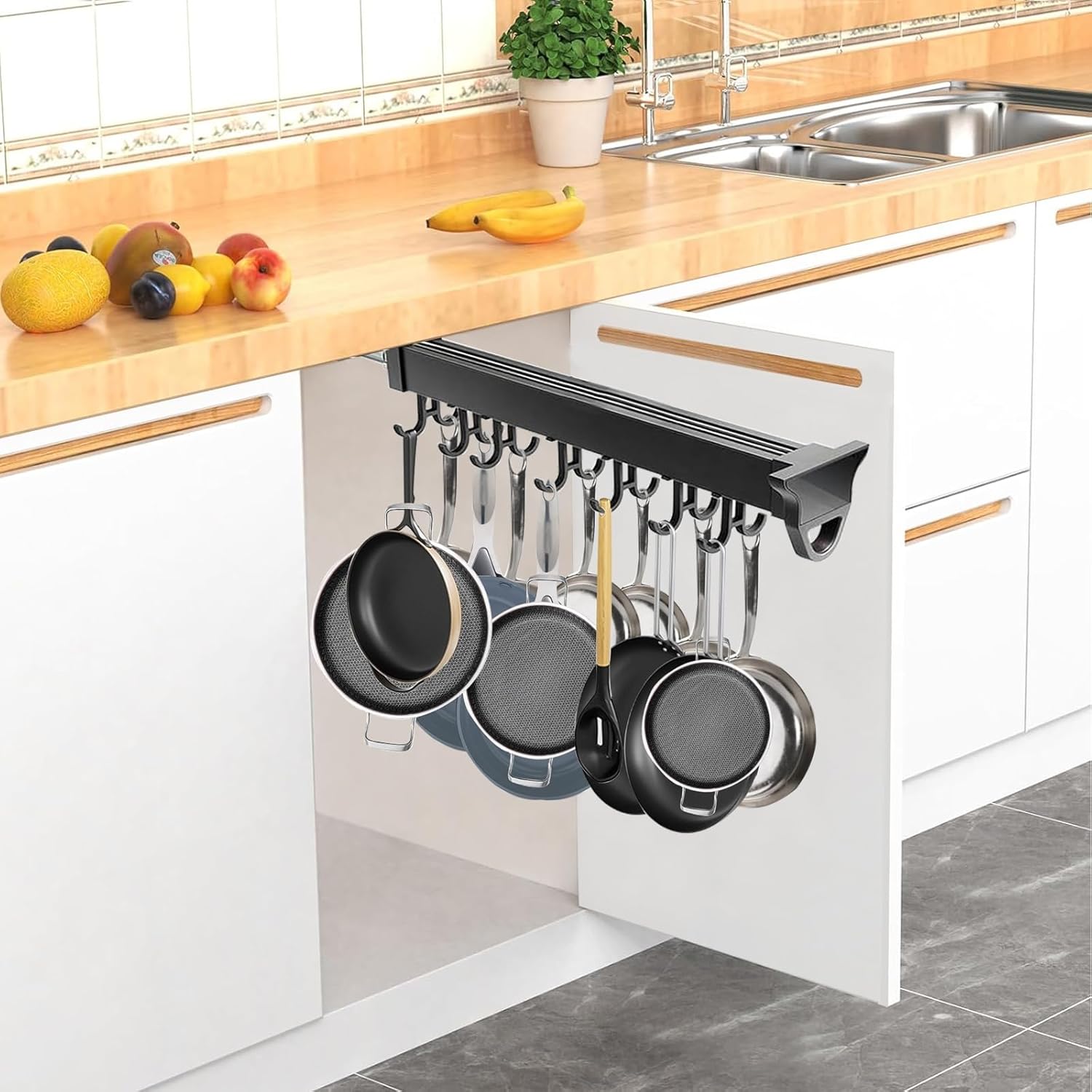 Pull Out Pot and Pan Organizer with Double Row Hooks for Hanging, Adjustable Pot Racks, Multifunctional Slide Broom Holder Tool Racks, Sliding Under Cabinet Organization ( Size : 460mm/18.11inch )