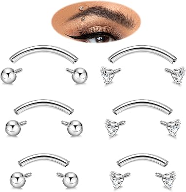 6PCS 16G G23 Titanium Eyebrow Piercing Jewelry for Women Curved Barbell Tiny Eyebrow Ring Vertical Labret Belly Lip Tongue Ring Internally Threaded Rook Tragus Daith Earring 6/8/10mm