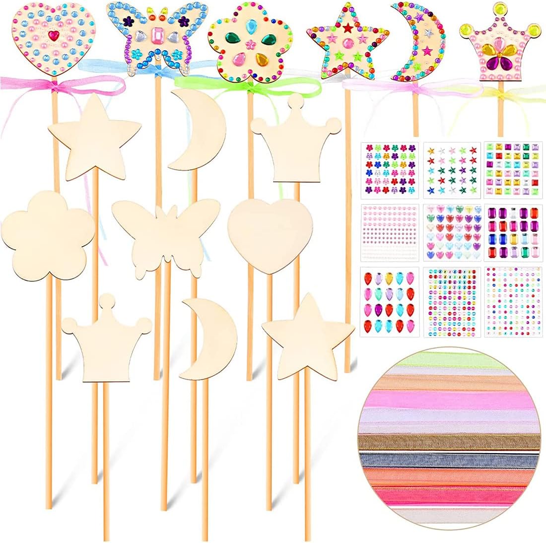 Princess Fairy Wand Kit, DIY Wooden Fairy Wands, Gem Stickers, Ribbons, Unfinished Wooden Fairy Wand Kit Crafts Moon Butterfly Magical Wand for Kids Make Your Own Princess Wand 28PCS