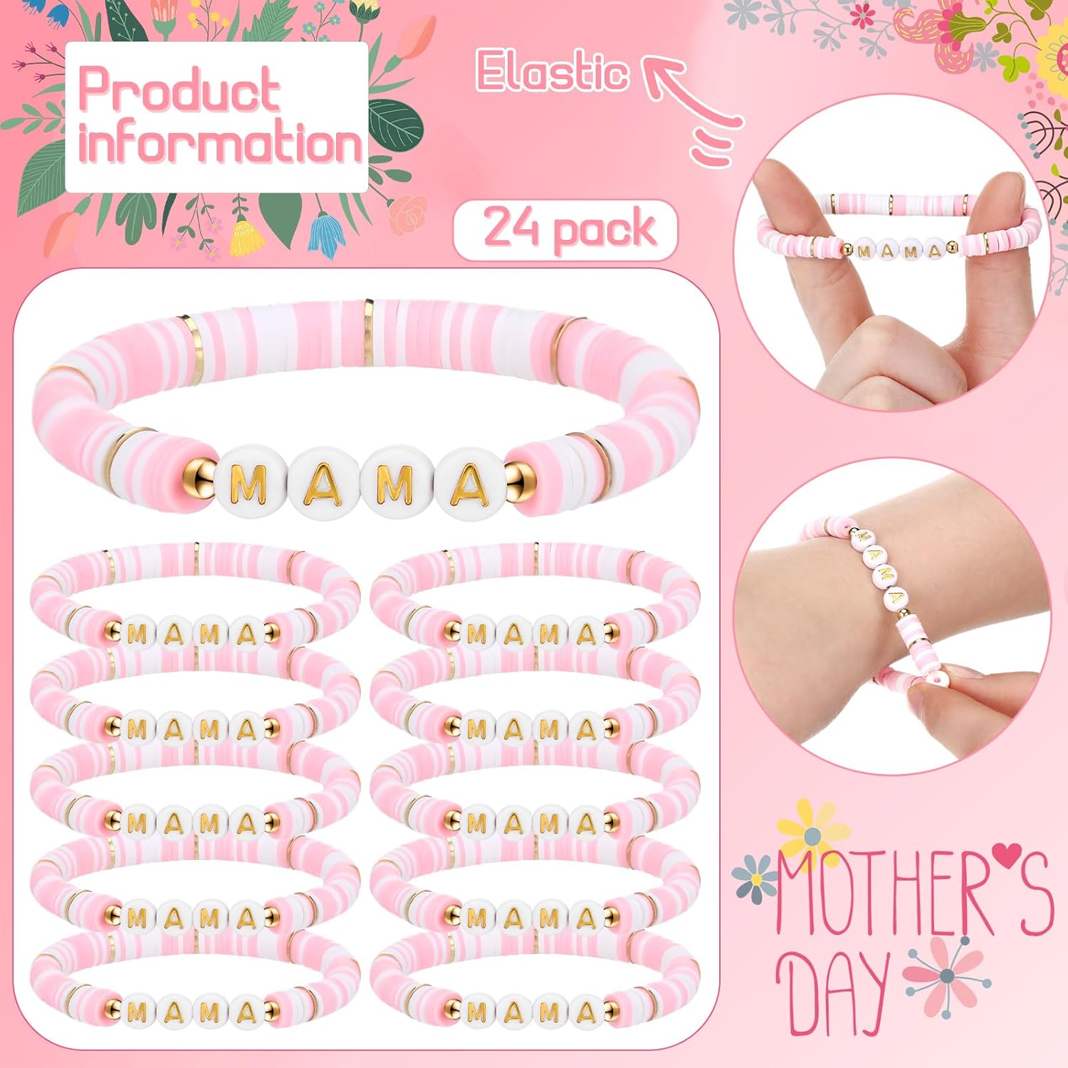 Huquary 24 Mothers Day Bracelet Gifts Bulk Mama Clay Bracelets for Church Women Mom Group Mothers Day Party Favors