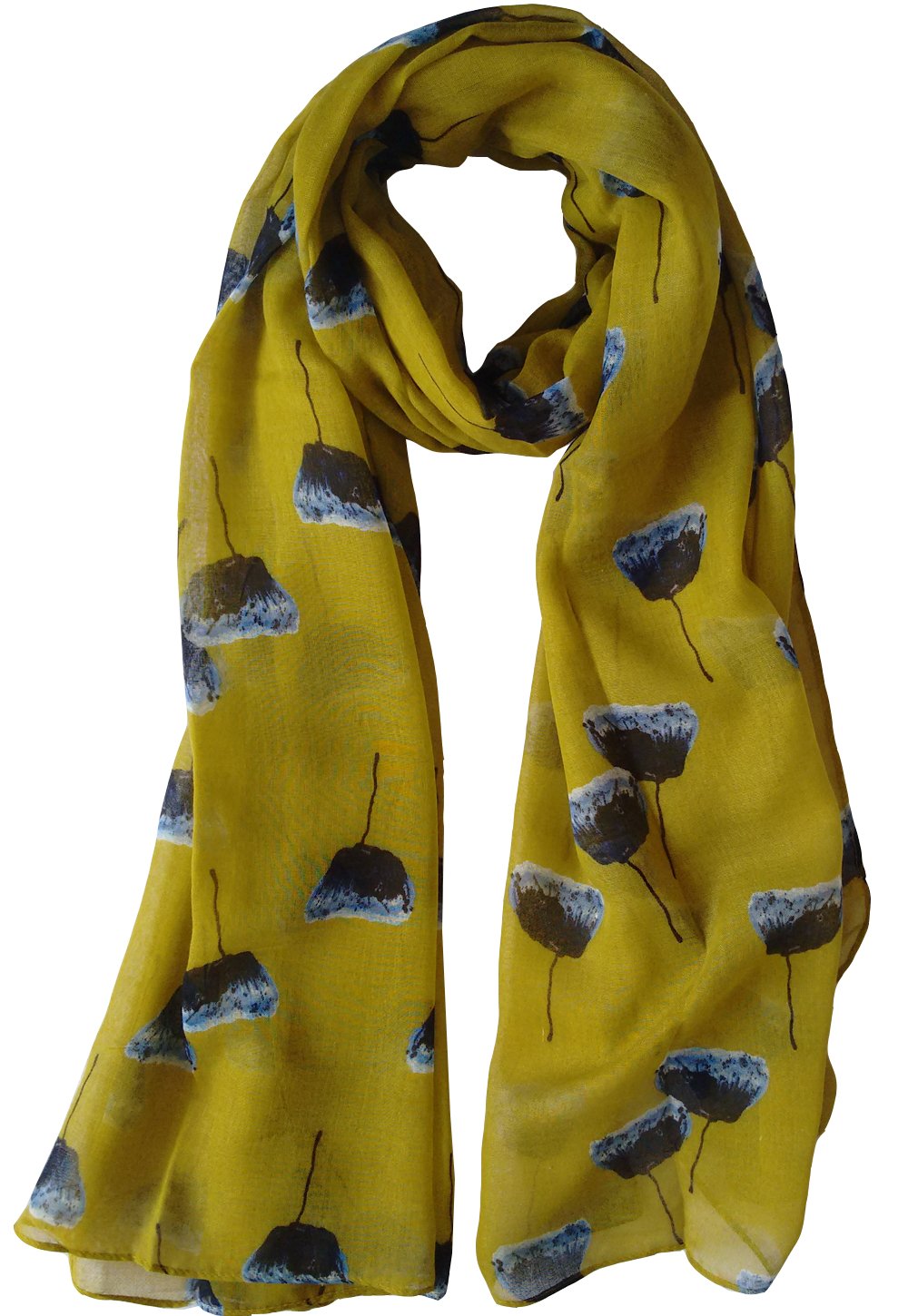 GlamLondon Painted Poppies Print Scarf Womens Poppy Flower Fashion Floral Shawl Wrap (Mustard Green)