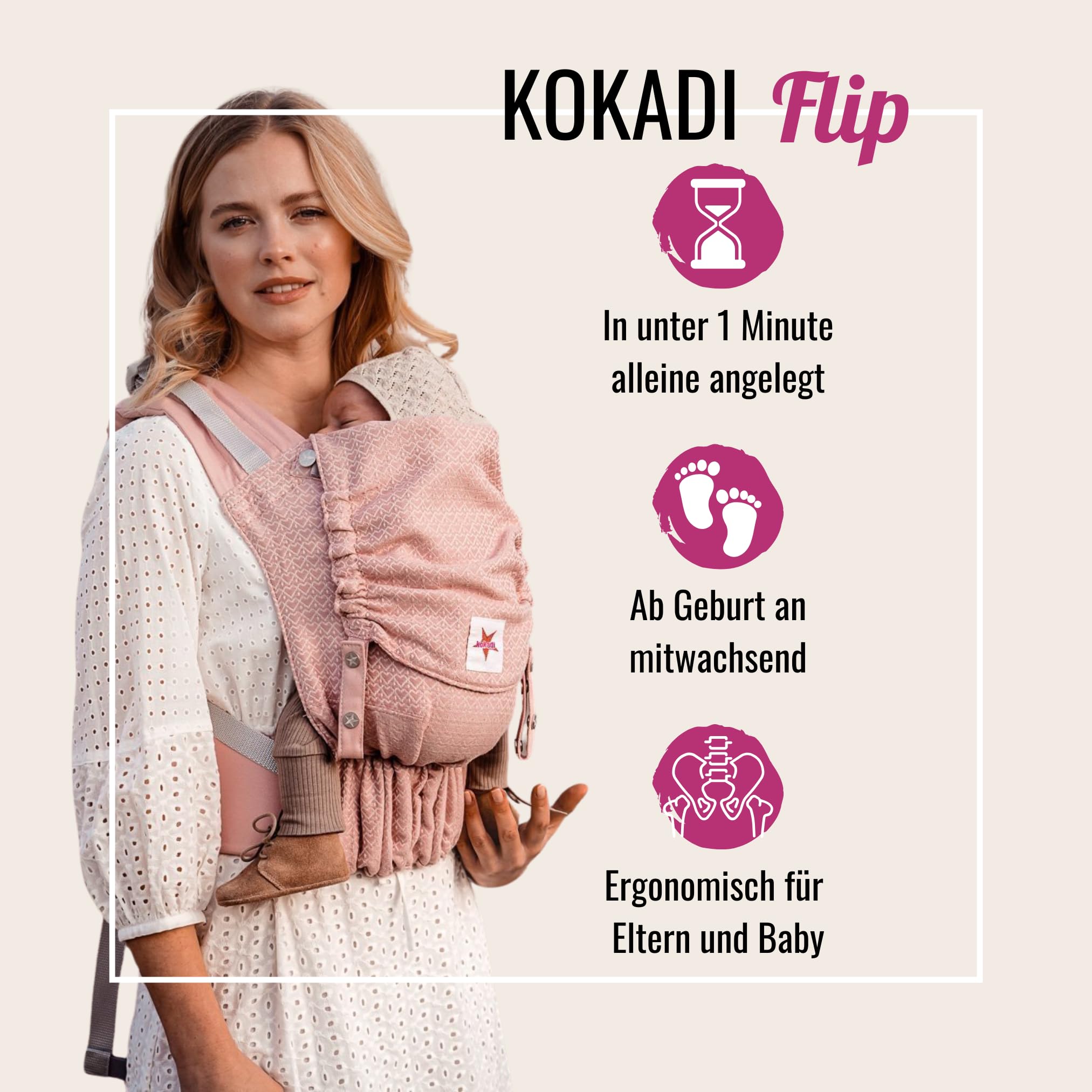 KOKADI Portabebés Flip Heart2Heart Rosé desde el nacimiento ✓ Ergonómico ✓ Crecimiento ✓ Parte delantera y trasera ✓ Verano e invierno ✓ Certificado ✓ Tela de transporte ✓ Bolsa gratis (tamaño bebé)
