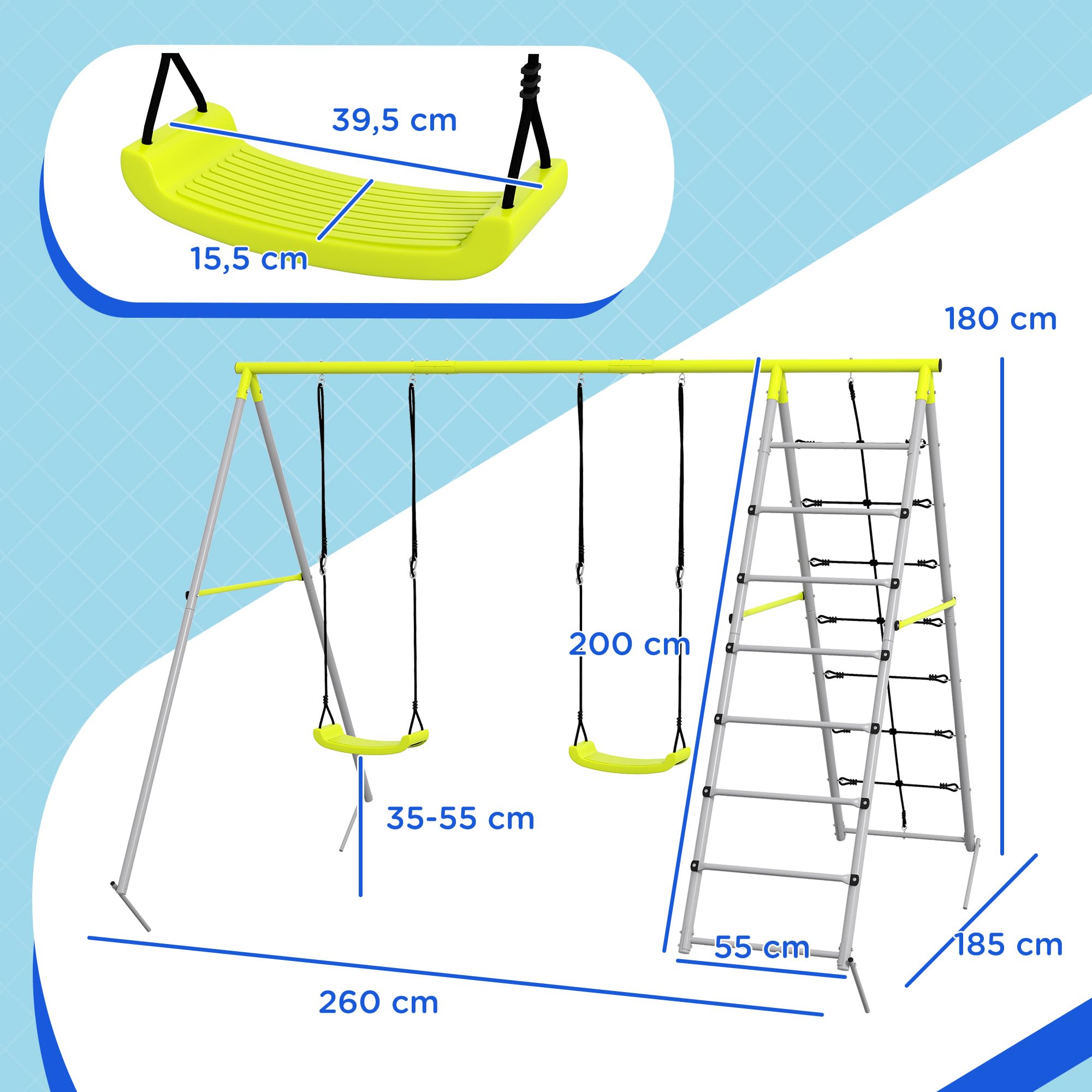 Outsunny Rama do huśtawki do 180 kg 3-w-1 huśtawka dla dzieci z 2 huśtawkami, siatką wspinaczkową, drabinką, zewnętrzna konstrukcja do huśtawki z metalowym stelażem, huśtawka ogrodowa dla dzieci w