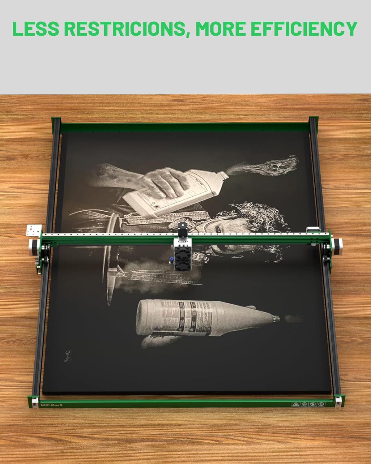 A NEJE laser engraver with the Y-axis extension kit, actively engraving a large piece of material, demonstrating the expanded working area.