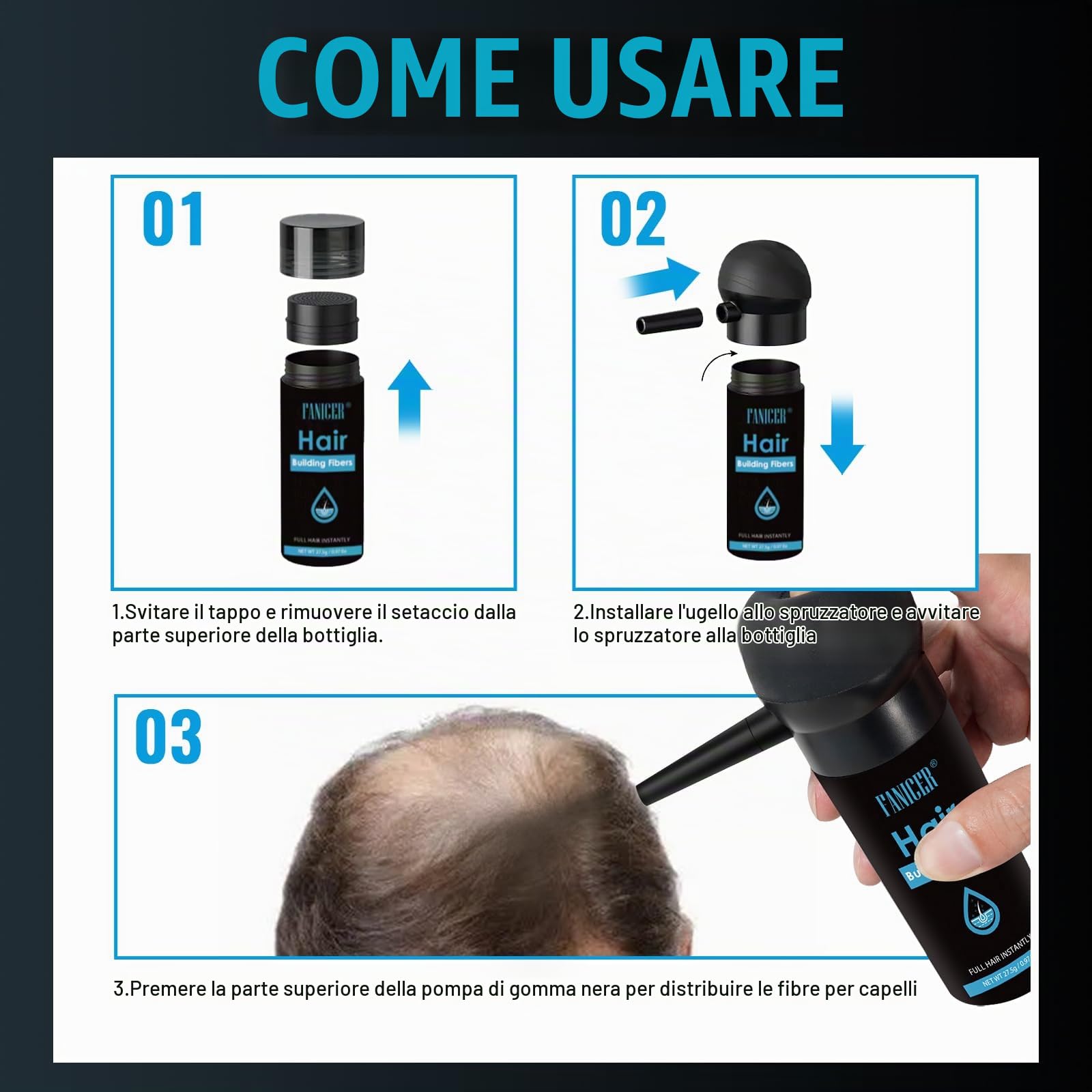 Fibra Capillare Polvere, Polvere radice capelli, Dissimula Calvizie, Unisex, Marrone scuro, Neutro, 27.5 grammi
