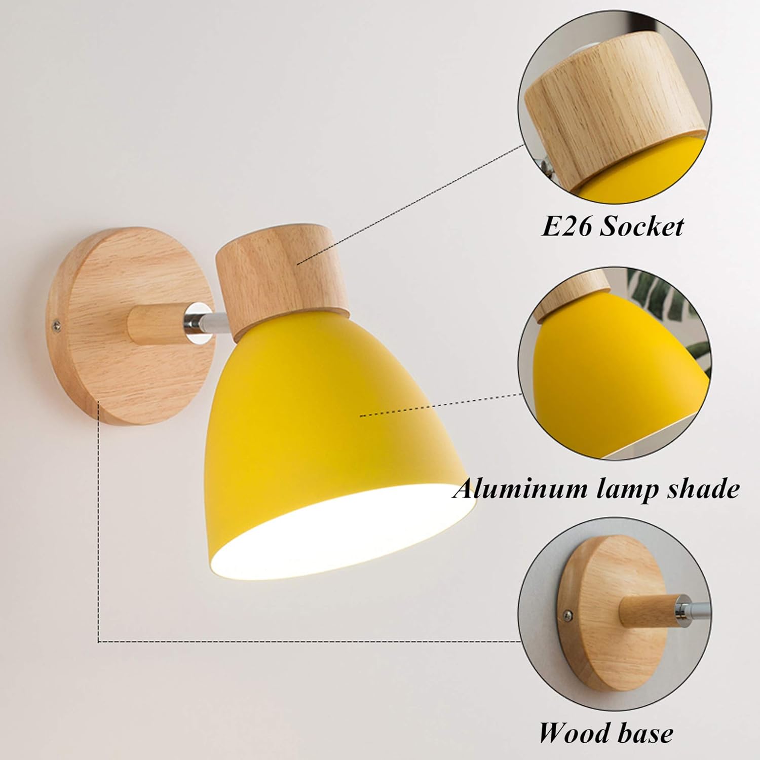 Adjustable Wall Sconces with UL Plug-in Dimmer Cord Bedside Reading Light E26 Aluminum Yellow Shade Macaron Dimmable Wall lamp Fixture for Hallway Kitchen Island Bathroom Lighting