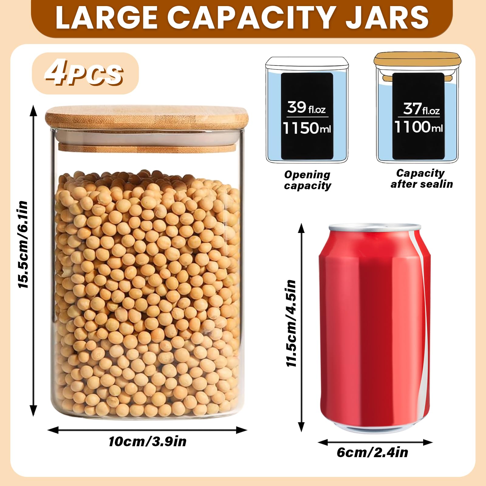 4 Barattoli di Cucina in Vetro con Coperchio in Bambù, 1100ml Contenitore Pasta Grande, Contenitori Ermetici in Vetro, Barattoli Cucina per conservare cereali, zucchero, caffè, Tè