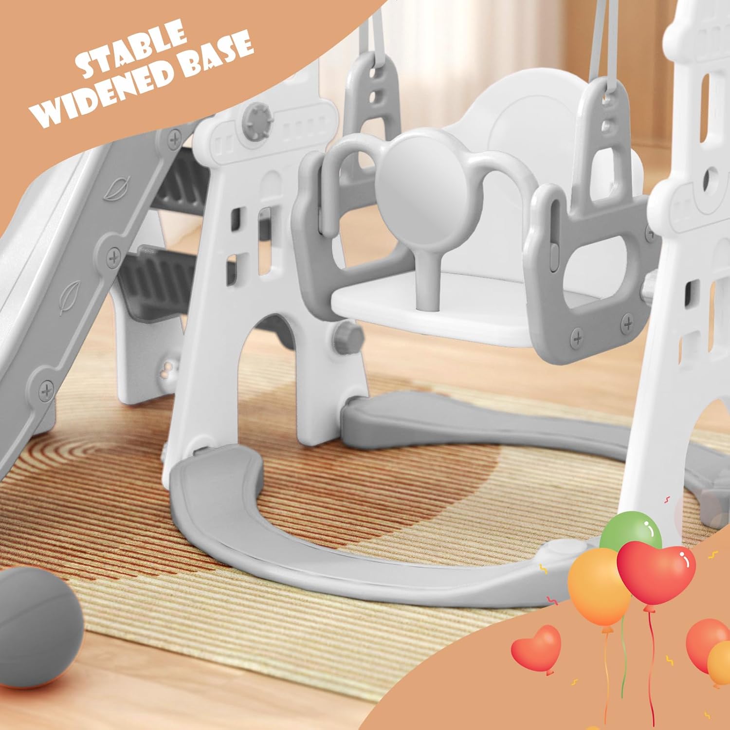 KORIMEFA 4 in 1 Toddler Slide and Swing Set, Kids Climber Slide Playset with Basketball Hoop Playground Swing Set for Indoor Outdoor Backyard Age 1-3 (4 in1-Gray)