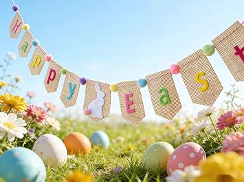 Happy Easter Burlap Banner Decorations, Happy Easter Garland Bunting, Spring Farmhouse Decorations for Mantle,Rabbit Banner Gift for Kids