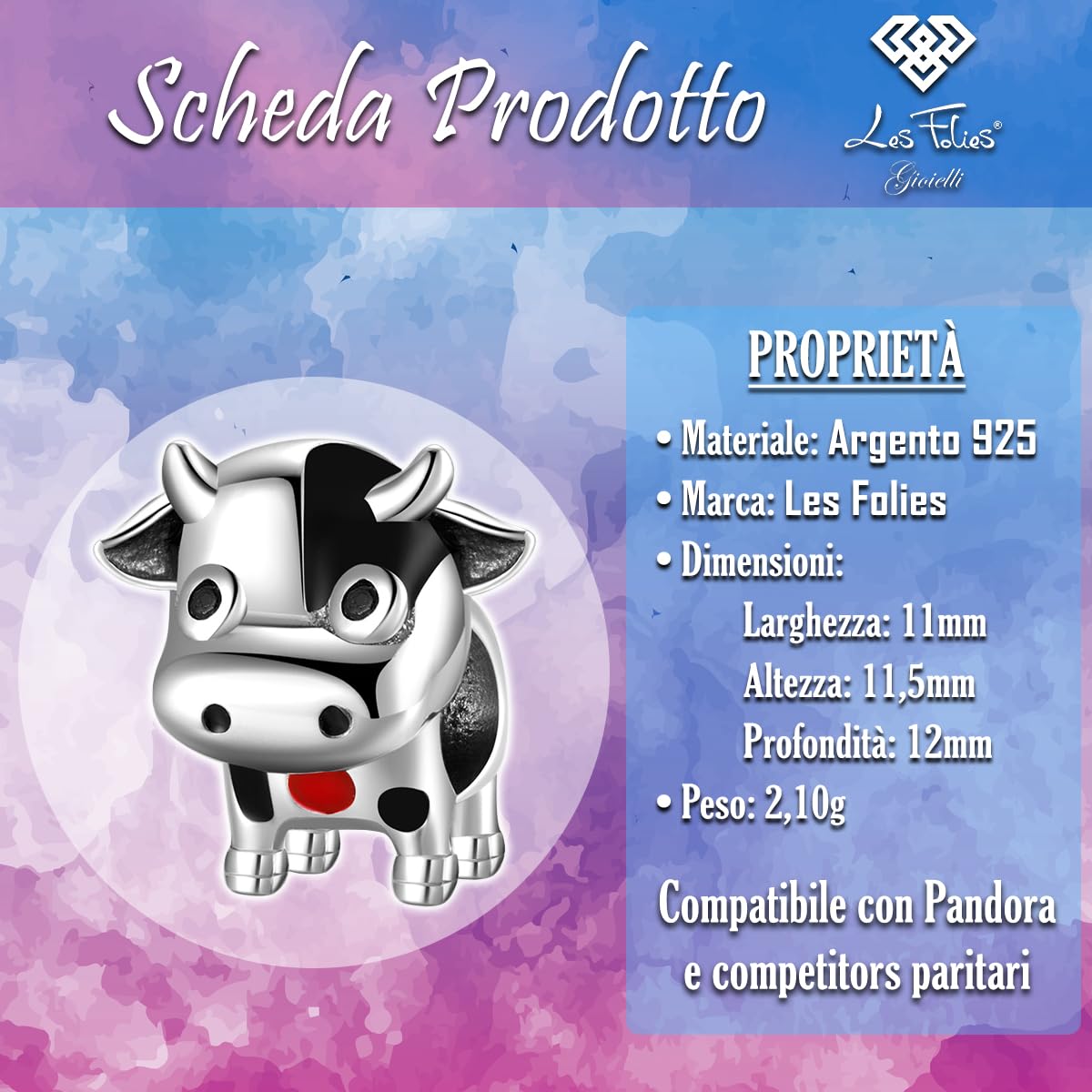 Les Folies - Abalorio de peluche de vaca animal de plata 925 para Pandora, Plata de ley, Circonita cúbica