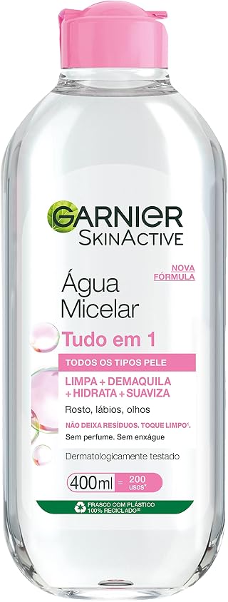 Garnier SkinActive Água Micelar de Limpeza Tudo em 1, Solução Demaquilante que Limpa, Tonifica e Remove Oleosidade, Fórmula Suave Sem Álcool para