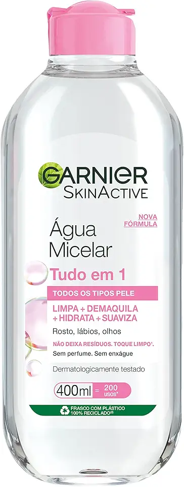 Garnier SkinActive Água Micelar de Limpeza Tudo em 1, Solução Demaquilante que Limpa, Tonifica e Remove Oleosidade, Fórmula Suave Sem Álcool para Todos os Tipos de Pele, 400ml