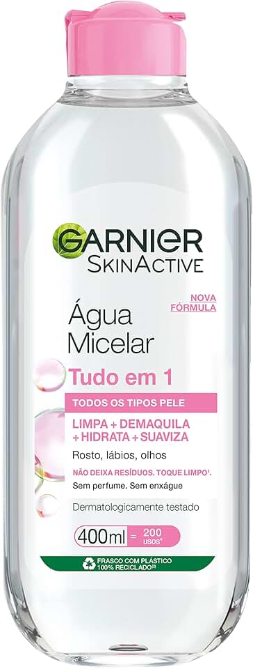 Garnier SkinActive Água Micelar de Limpeza Tudo em 1, Solução Demaquilante que Limpa, Tonifica e Remove Oleosidade, Fórmula Suave Sem Álcool para Todos os Tipos de Pele, 400ml
