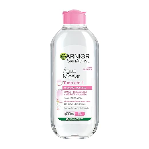Garnier SkinActive Água Micelar de Limpeza Tudo em 1, Solução Demaquilante que Limpa, Tonifica e Remove Oleosidade, Fórmula Suave Sem Álcool para Todos os Tipos de Pele, 400ml
