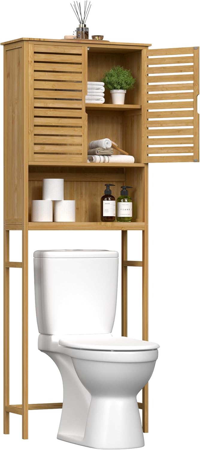 Yardenaler Over-The-Toilet Storage Shelf with Doors, Bathroom Freestanding Bamboo Organizer Space Saver with Adjustable Shelf, Natural