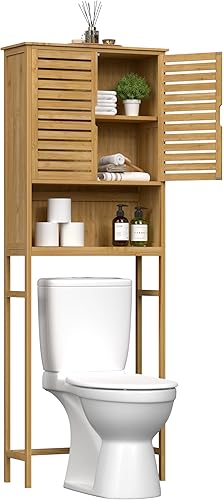 Miniatura 8 de VEIKOU Armario de almacenamiento sobre el inodoro, almacenamiento de bambú sobre el inodoro con estante extraíble, baño independiente sobre el