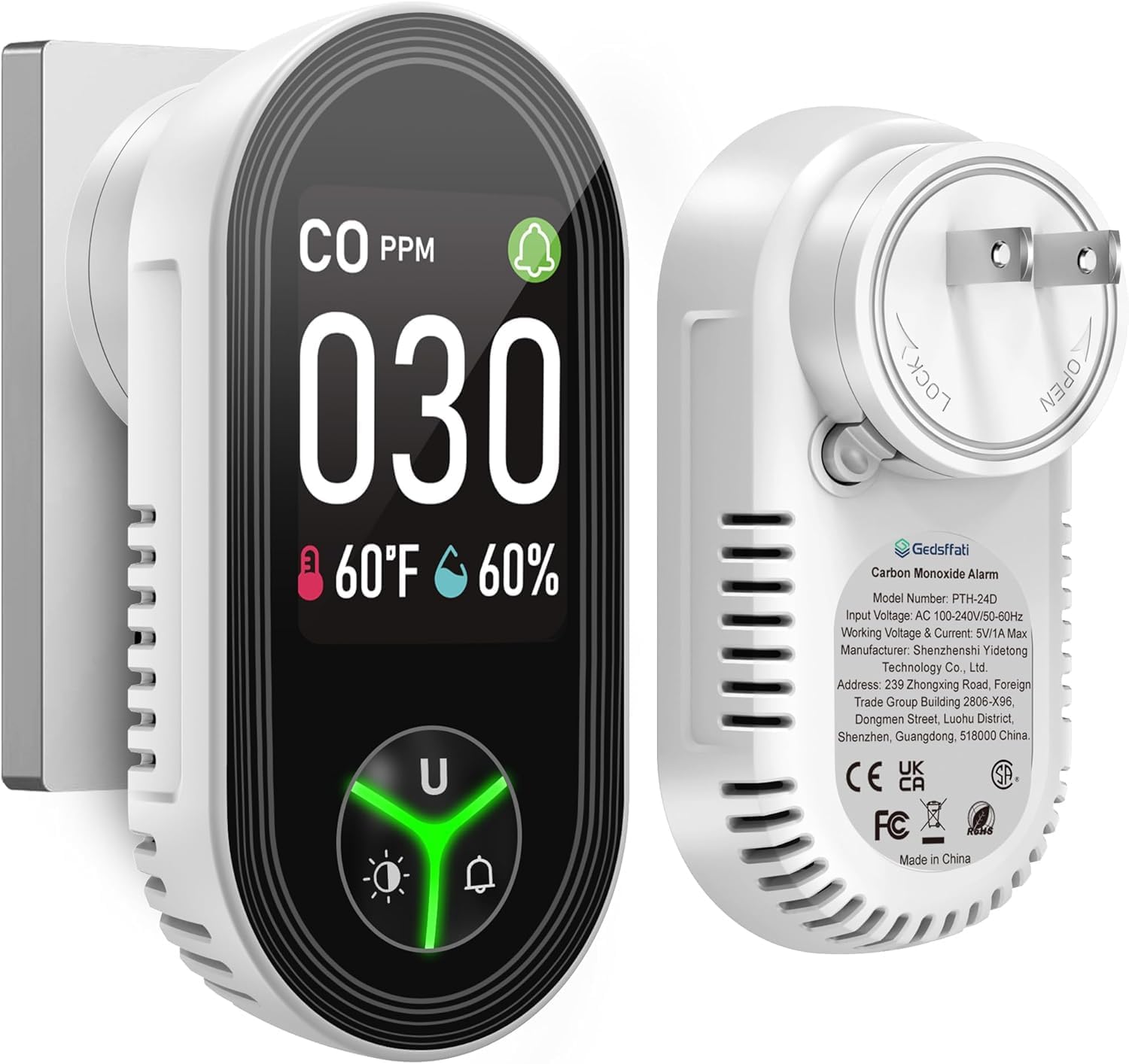 Gedsffati 3-in-1 Carbon Monoxide Detector, front and back view