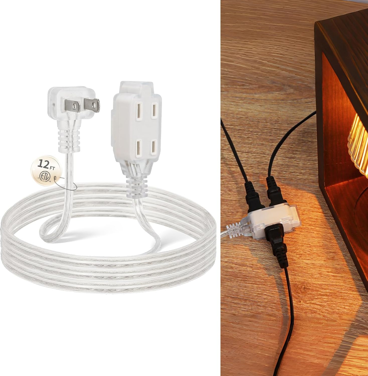 1 Pack Clear Extension Cord 12FT, 3 Outlet Extension Cord with 90° Flat Plug, UL-Certified Indoor Extension Cords, 2 Prong Thin Extension Cords, Male to Female, 2 x 18 AWG 125V 7A
