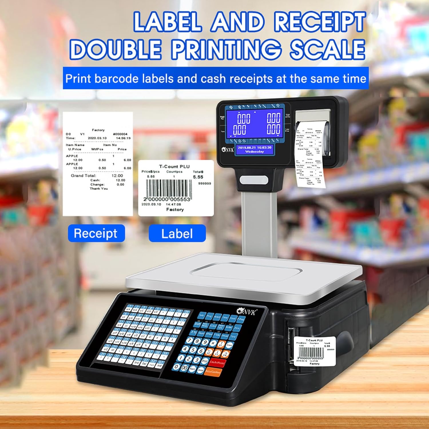 Digital Weighing Scale with Label Printer for Supermarket and Deli, Price Computing and Counting Up to 66 Lb,Machine-Scanner