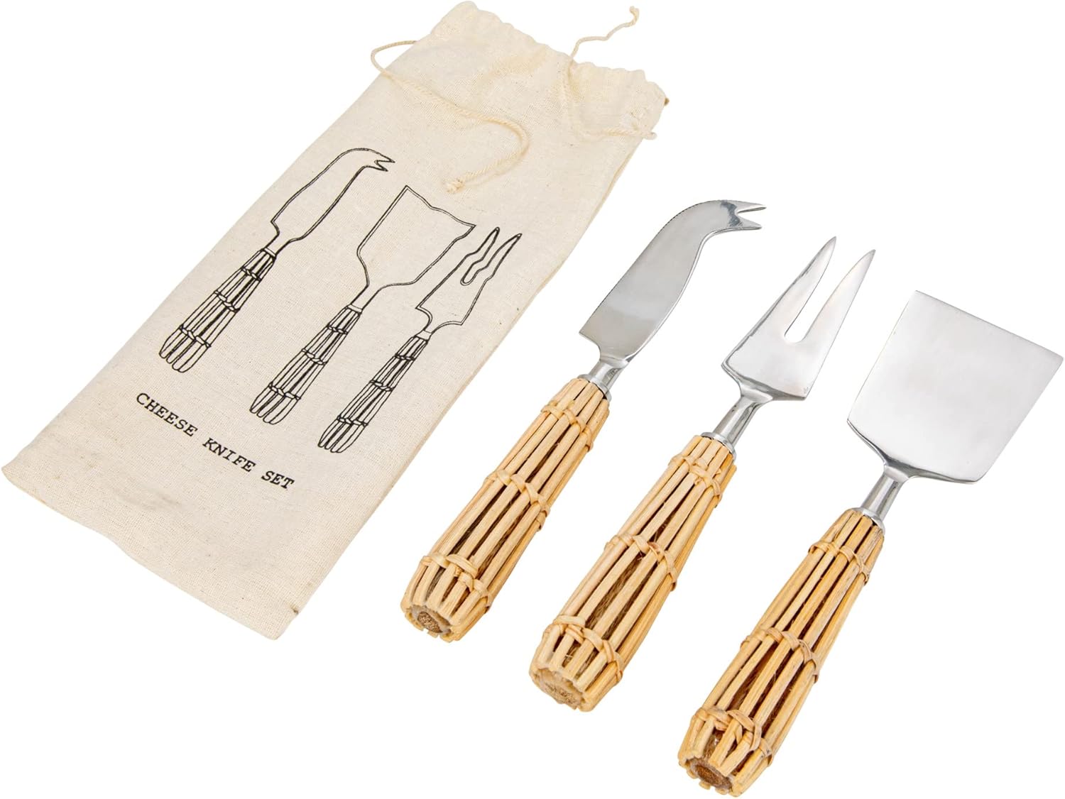 Creative Co-Op Stainless Steel Charcuterie Knives with Rattan Wrapped Handles, Set of 3 Styles